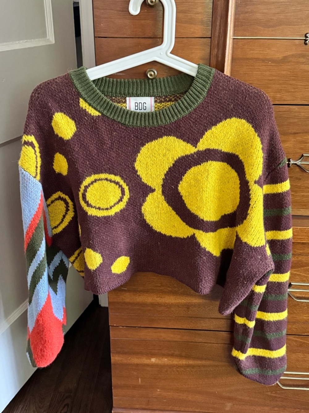 BDG Brown Cropped Sweater with Yellow Floral and Multicolor Sleeves